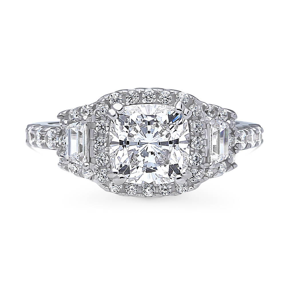 3-Stone Halo Art Deco 2ct Cushion CZ Ring in Sterling Silver, 1 of 11