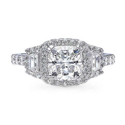 3-Stone Halo Art Deco 2ct Cushion CZ Ring in Sterling Silver