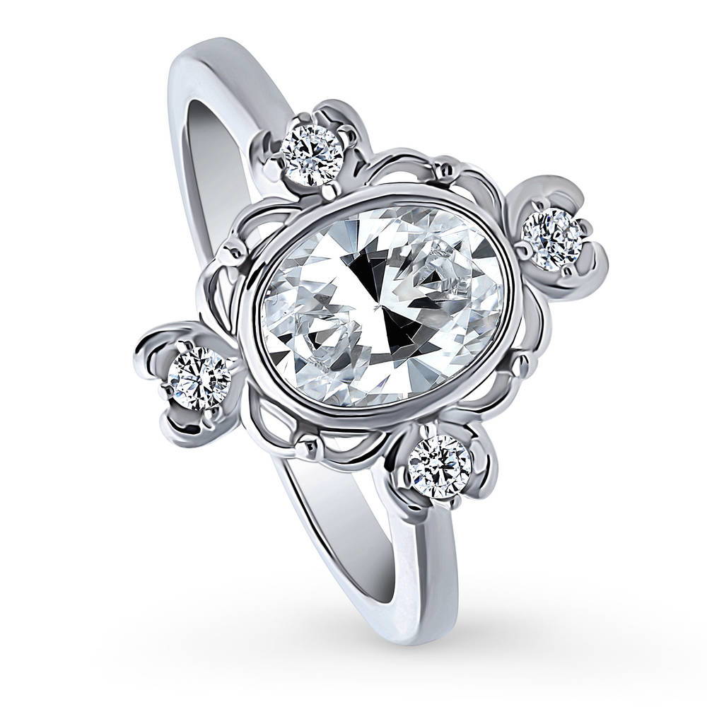 Front view of Flower Art Deco CZ Ring in Sterling Silver, 4 of 8
