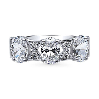 3-Stone Art Deco 2.1ct Oval CZ Ring in Sterling Silver