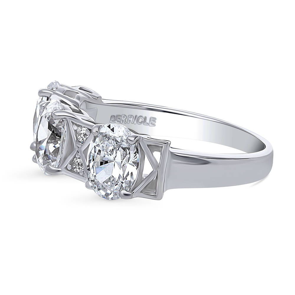 Angle view of 3-Stone Art Deco 2.1ct Oval CZ Ring in Sterling Silver, 5 of 11