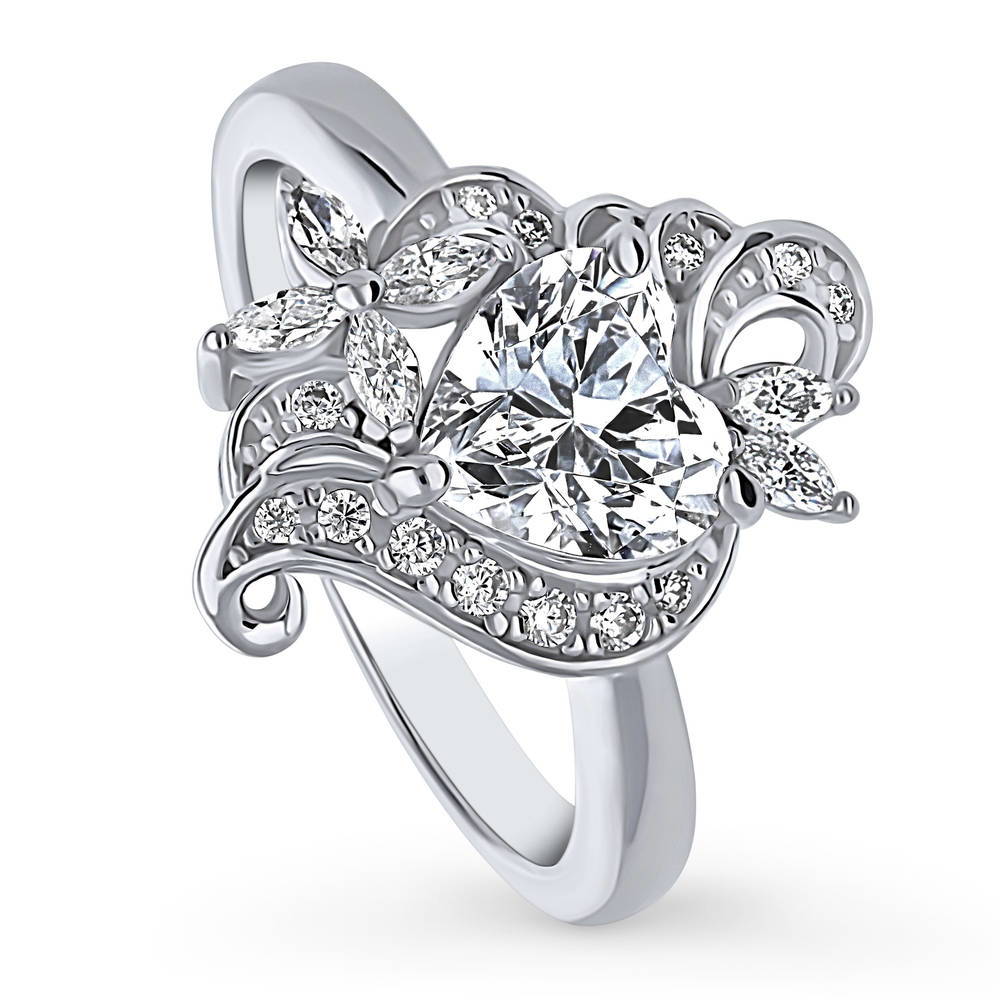 Front view of Heart Flower CZ Ring in Sterling Silver, 4 of 8