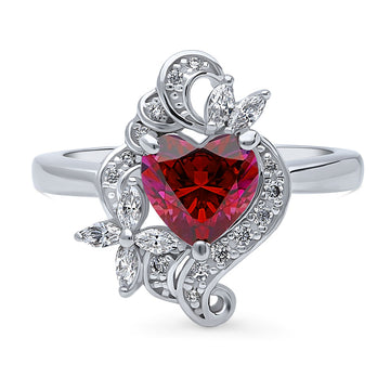 Heart Flower Simulated Ruby CZ Ring in Sterling Silver