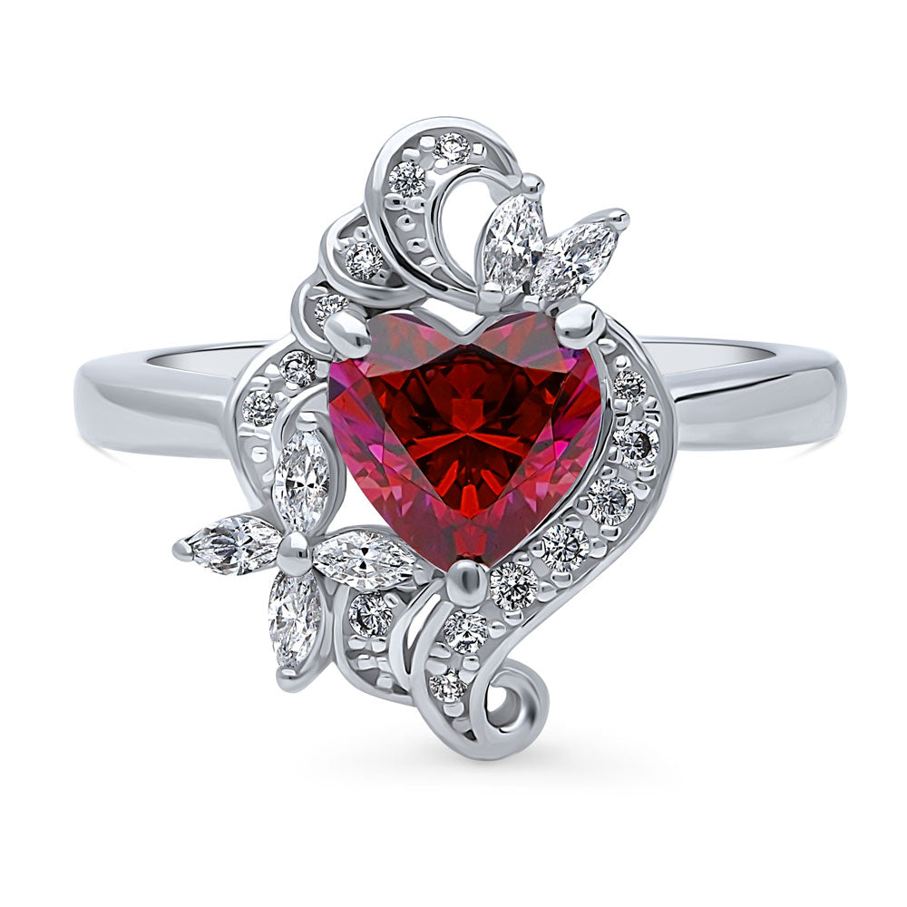 Heart Flower Ruby-Red CZ Ring in Sterling Silver, 1 of 9