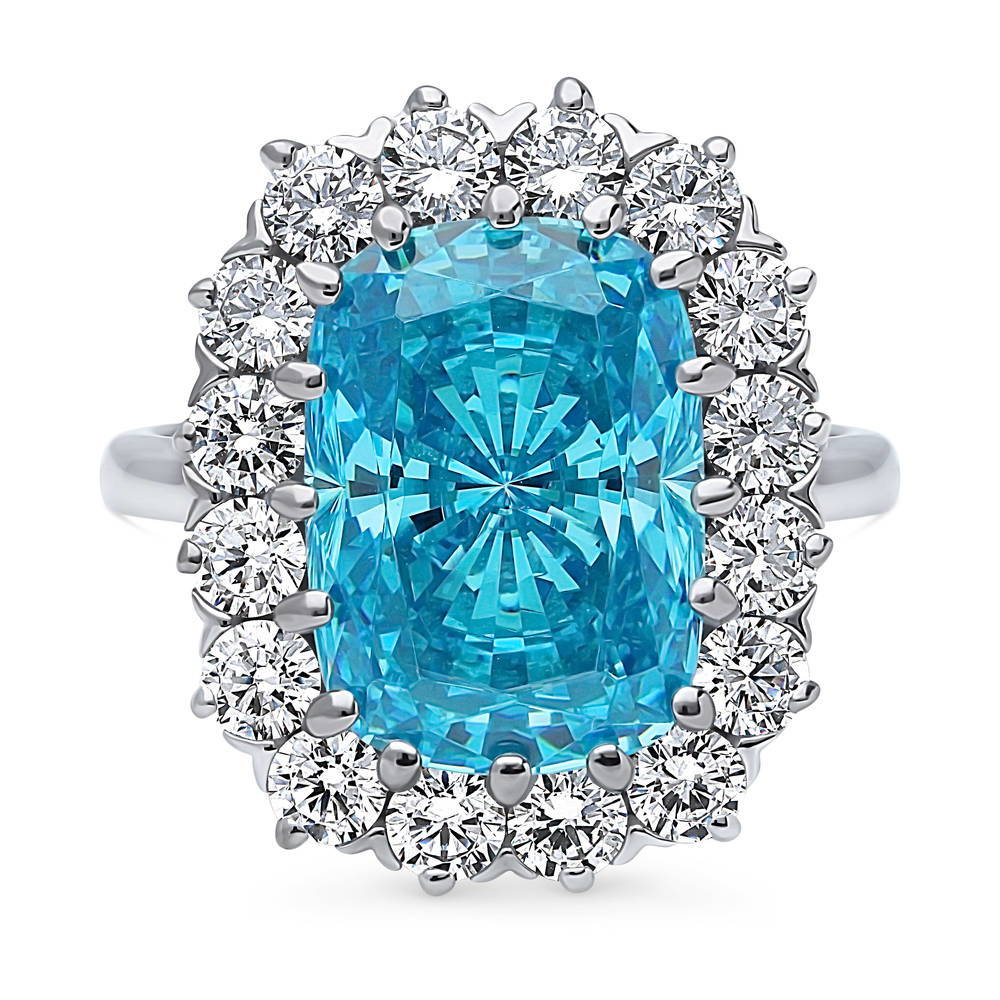 Halo Blue Cushion CZ Ring in Sterling Silver