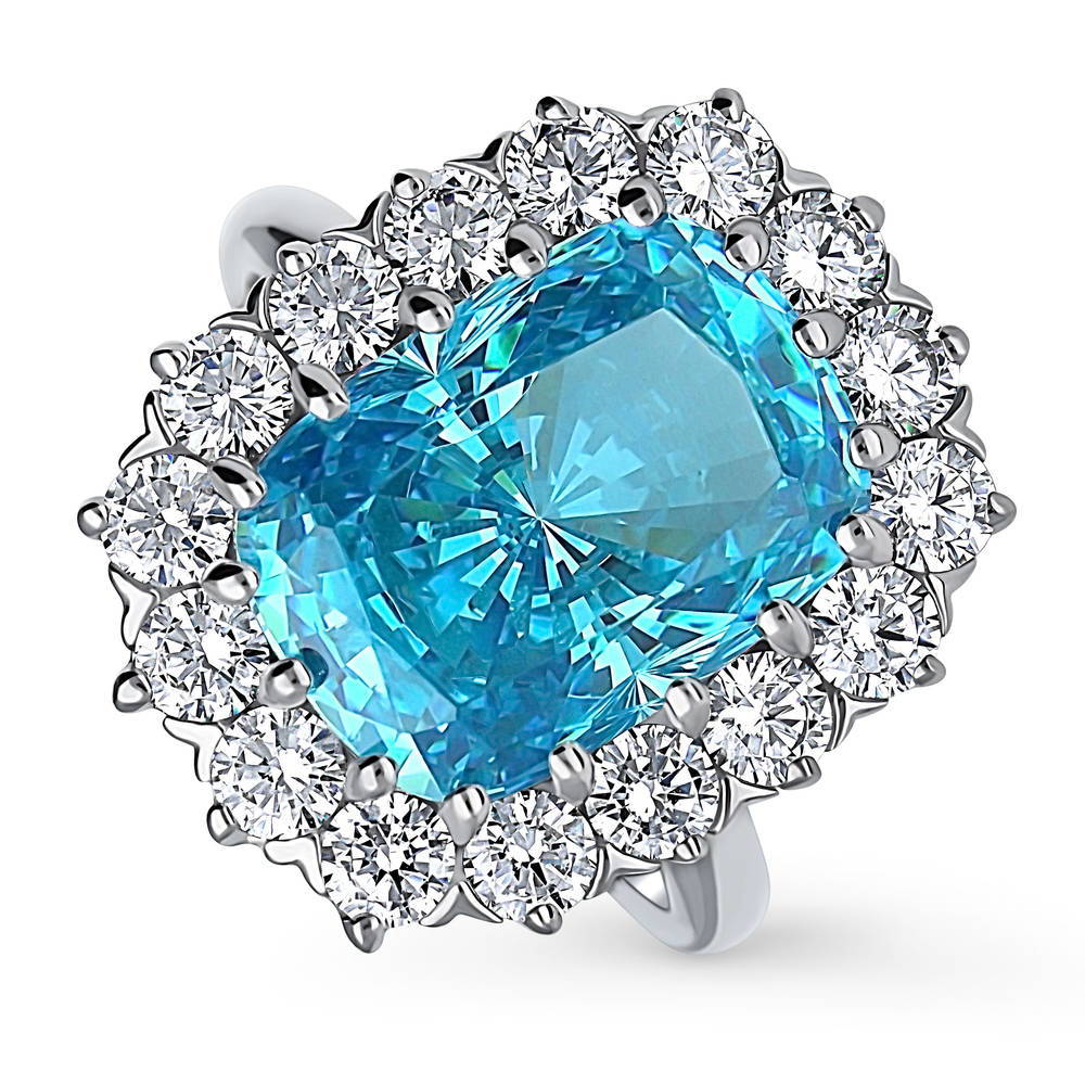 Front view of Halo Blue Cushion CZ Ring in Sterling Silver, 4 of 8
