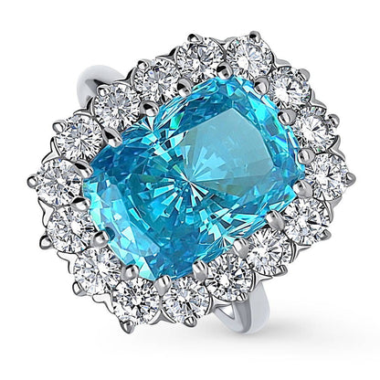 Halo Blue Cushion CZ Ring in Sterling Silver