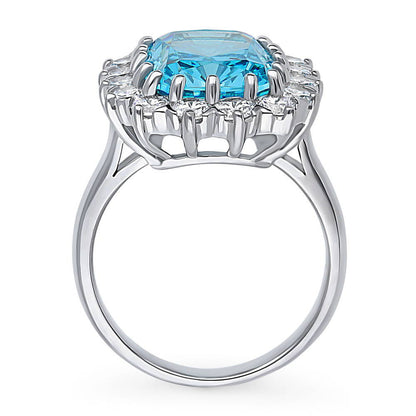 Halo Blue Cushion CZ Ring in Sterling Silver
