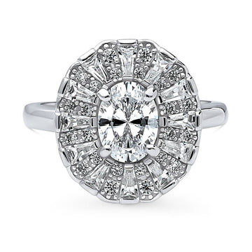 Halo Art Deco Oval CZ Ring in Sterling Silver