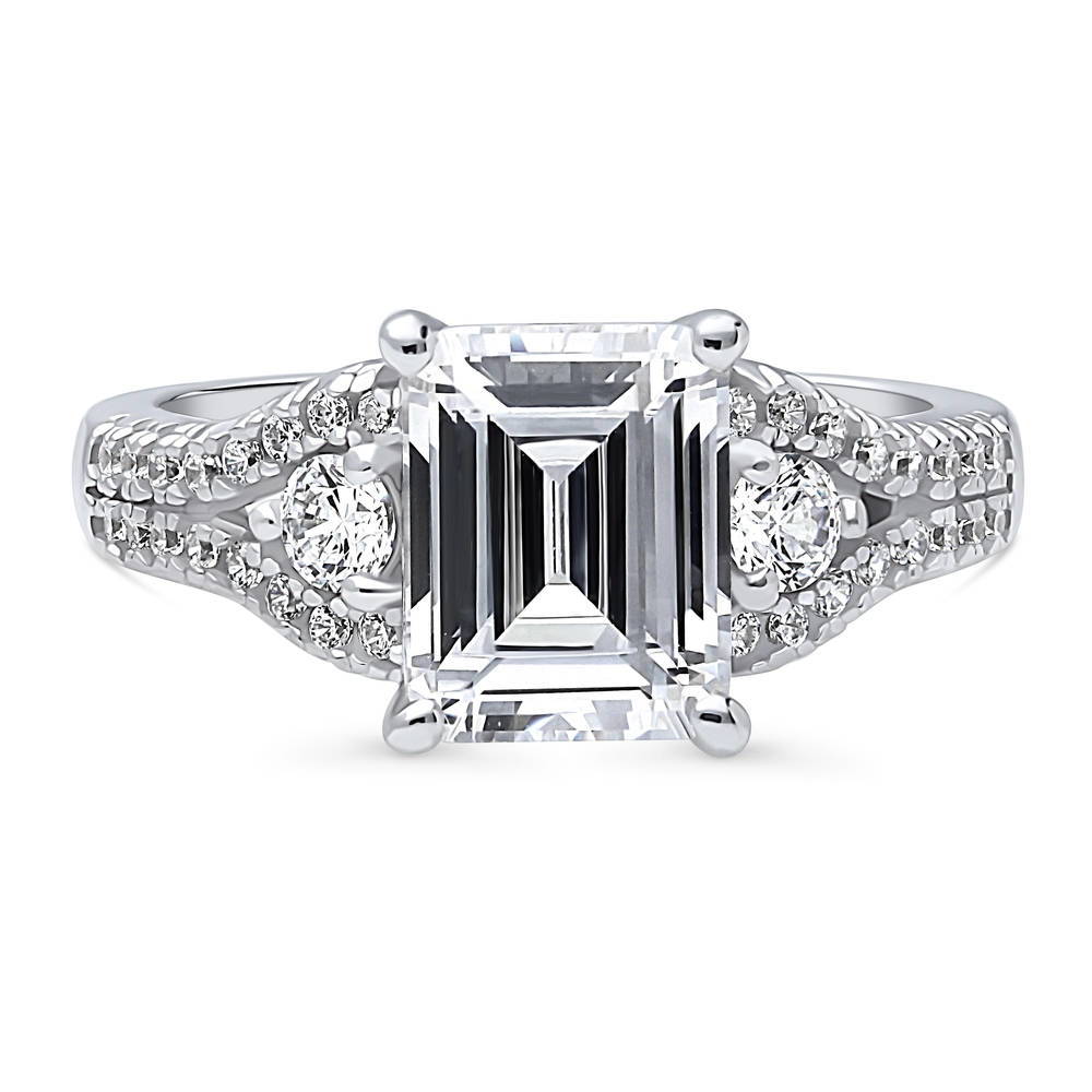 3-Stone 2.6ct Emerald Cut CZ Split Shank Ring in Sterling Silver, 1 of 8