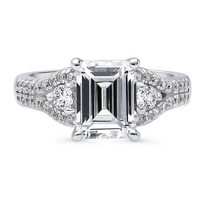 3-Stone 2.6ct Emerald Cut CZ Split Shank Ring in Sterling Silver