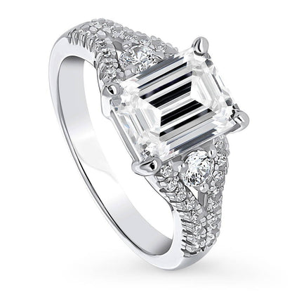 3-Stone 2.6ct Emerald Cut CZ Split Shank Ring in Sterling Silver