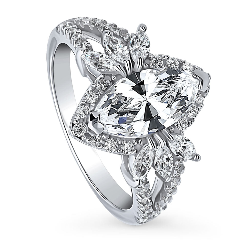 Halo Flower Marquise CZ Split Shank Ring in Sterling Silver