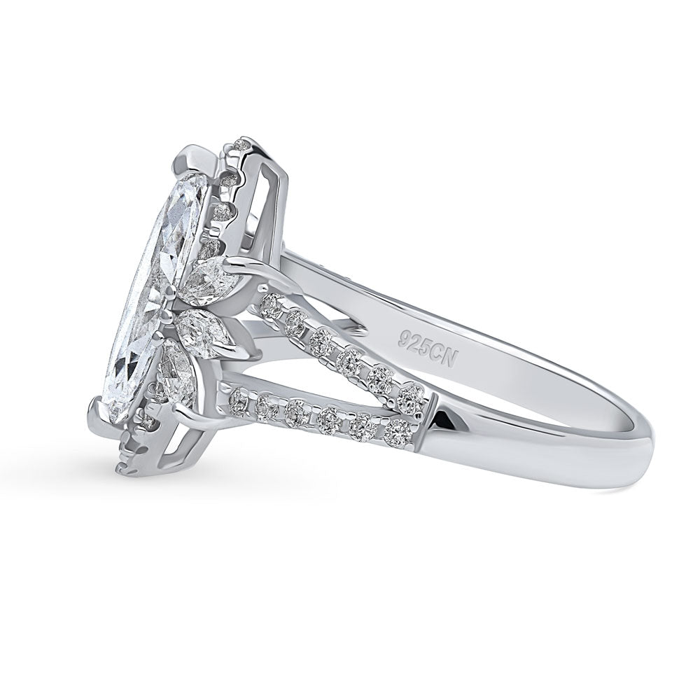 Angle view of Halo Flower Marquise CZ Split Shank Ring in Sterling Silver, 5 of 12