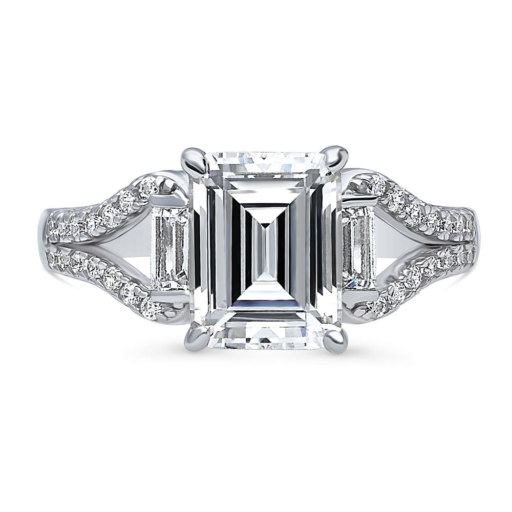 Solitaire Emerald Cut CZ Split Shank Ring in Sterling Silver, 1 of 8