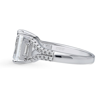 Solitaire Emerald Cut CZ Split Shank Ring in Sterling Silver