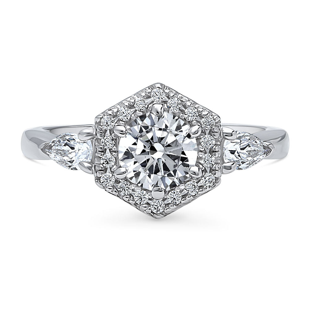 3-Stone Hexagon Halo 0.8ct CZ Ring in Sterling Silver