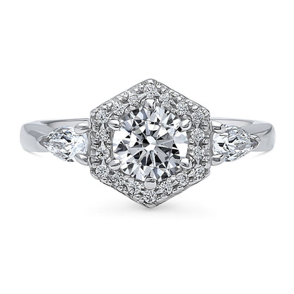 3-Stone Hexagon Halo 0.8ct CZ Ring in Sterling Silver