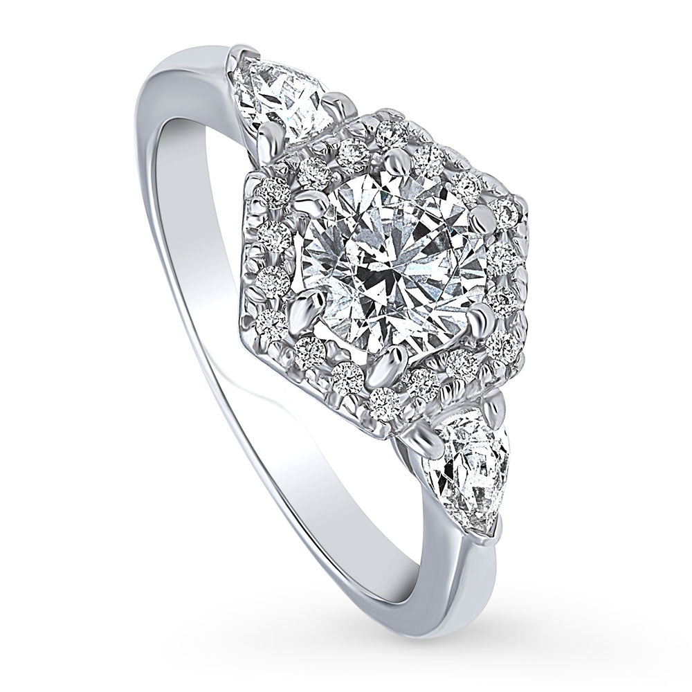 Front view of 3-Stone Hexagon Halo 0.8ct CZ Ring in Sterling Silver, 4 of 8