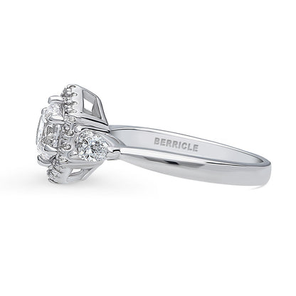 3-Stone Hexagon Halo 0.8ct CZ Ring in Sterling Silver
