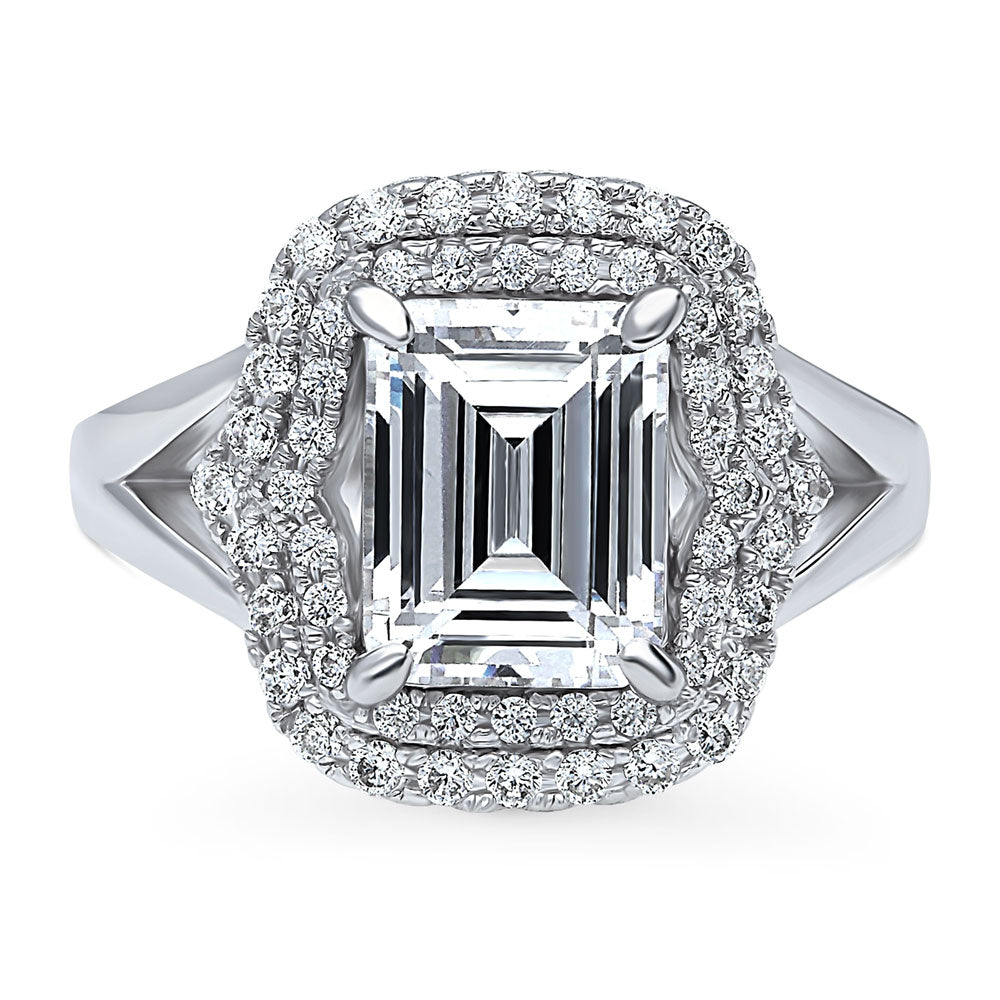 Halo Emerald Cut CZ Split Shank Ring in Sterling Silver