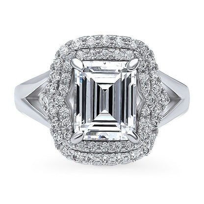 Halo Emerald Cut CZ Split Shank Ring in Sterling Silver