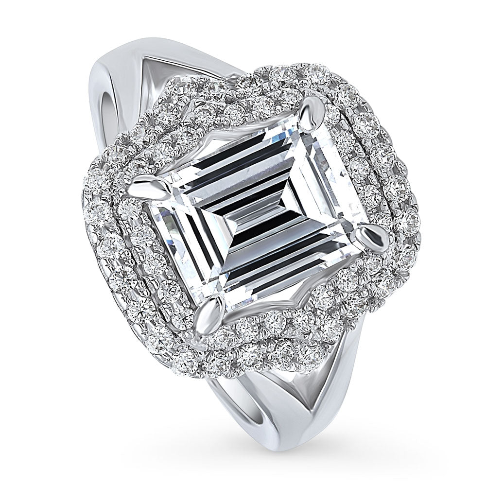 Front view of Halo Emerald Cut CZ Split Shank Ring in Sterling Silver, 4 of 8