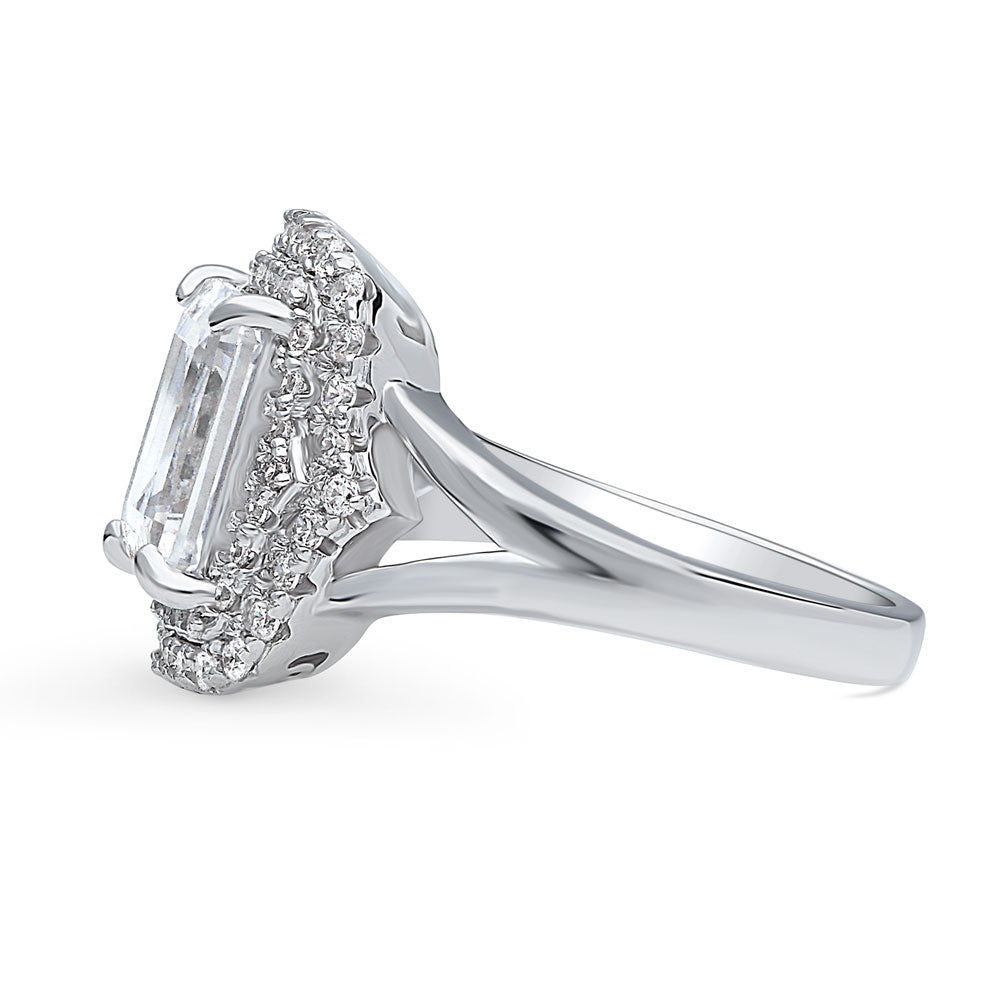 Angle view of Halo Emerald Cut CZ Split Shank Ring in Sterling Silver, 5 of 8