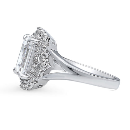 Halo Emerald Cut CZ Split Shank Ring in Sterling Silver