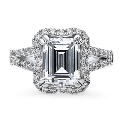 Halo Woven Emerald Cut CZ Split Shank Ring in Sterling Silver
