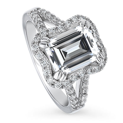 Halo Woven Emerald Cut CZ Split Shank Ring in Sterling Silver