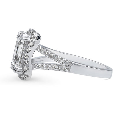 Halo Woven Emerald Cut CZ Split Shank Ring in Sterling Silver