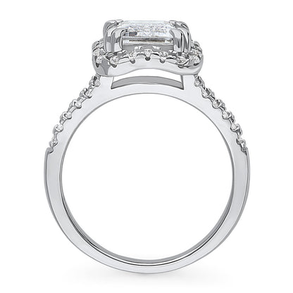 Halo Woven Emerald Cut CZ Split Shank Ring in Sterling Silver