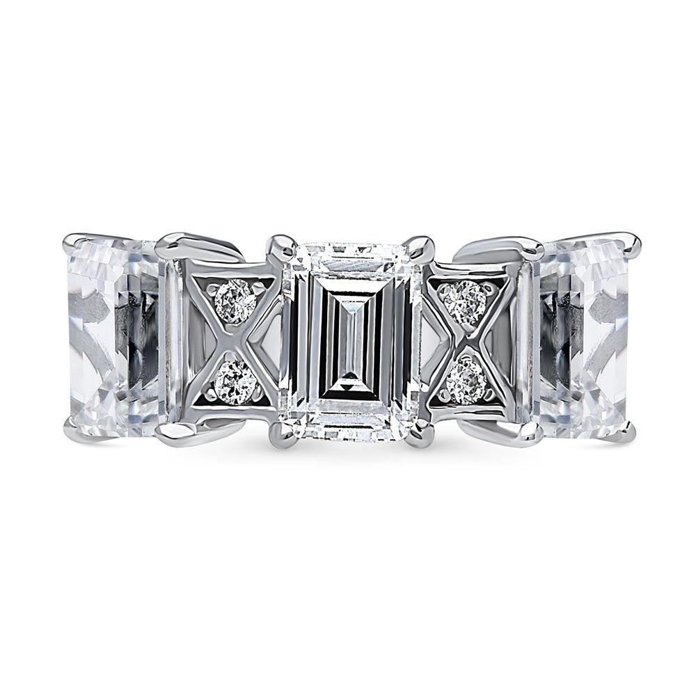 3-Stone Art Deco 3ct Emerald Cut CZ Ring in Sterling Silver