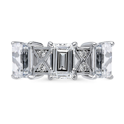 3-Stone Art Deco 3ct Emerald Cut CZ Ring in Sterling Silver