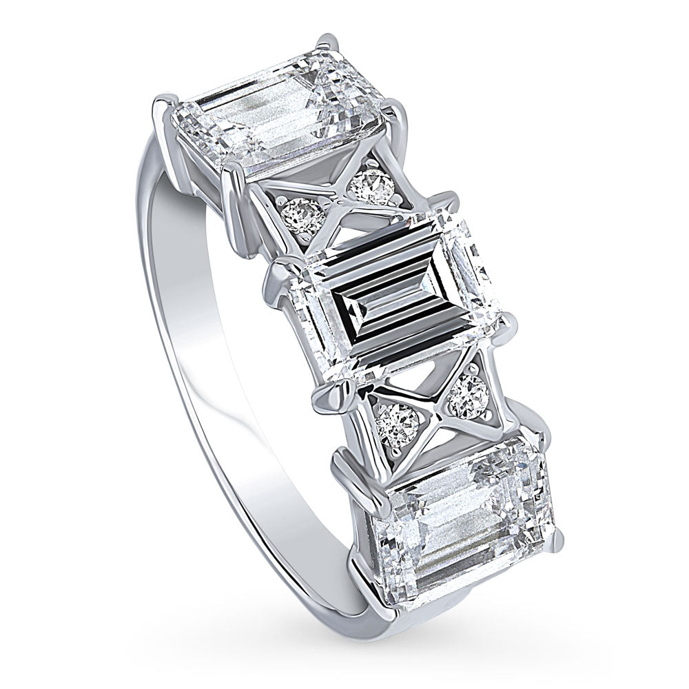 3-Stone Art Deco 3ct Emerald Cut CZ Ring in Sterling Silver