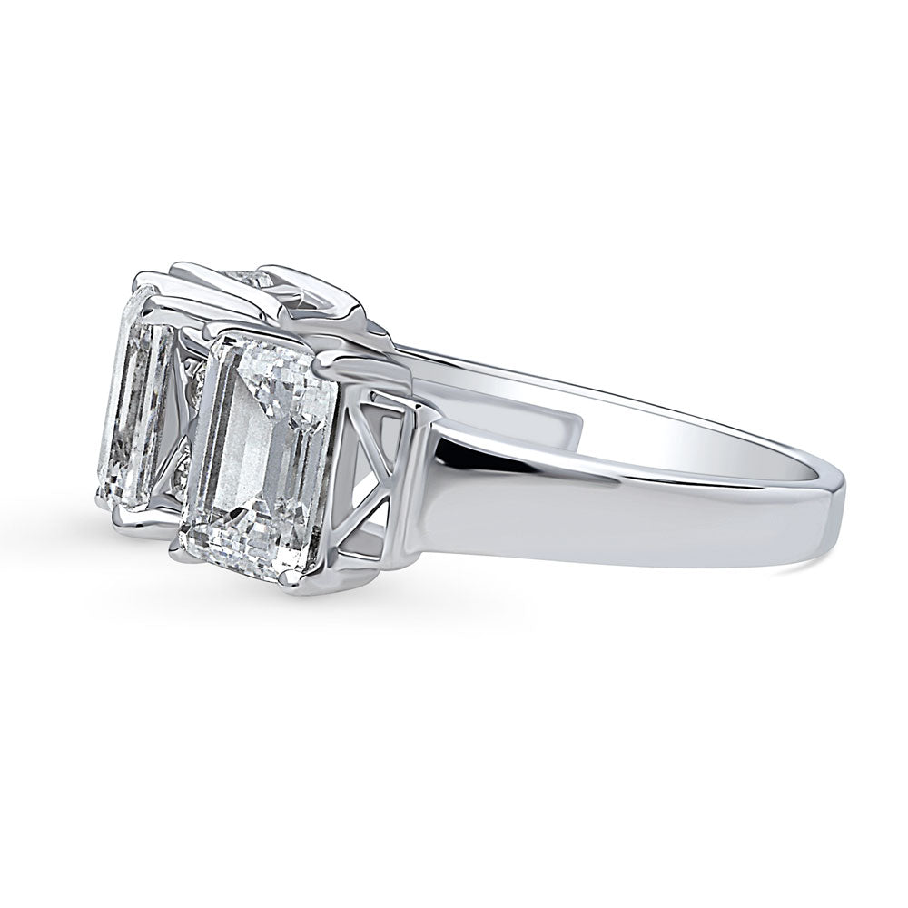 Angle view of 3-Stone Art Deco 3ct Emerald Cut CZ Ring in Sterling Silver, 5 of 8