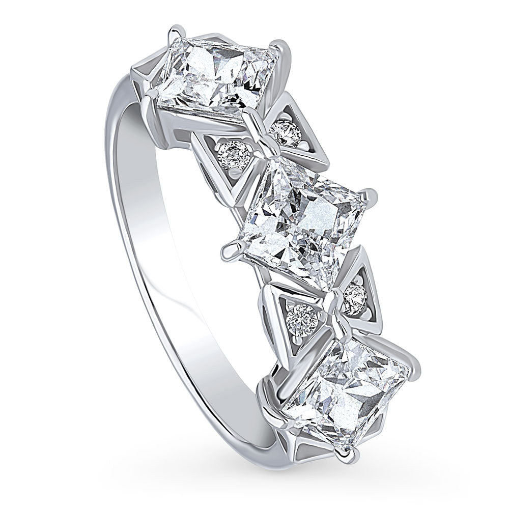 Front view of 3-Stone Art Deco 2.1ct Princess CZ Ring in Sterling Silver, 4 of 10