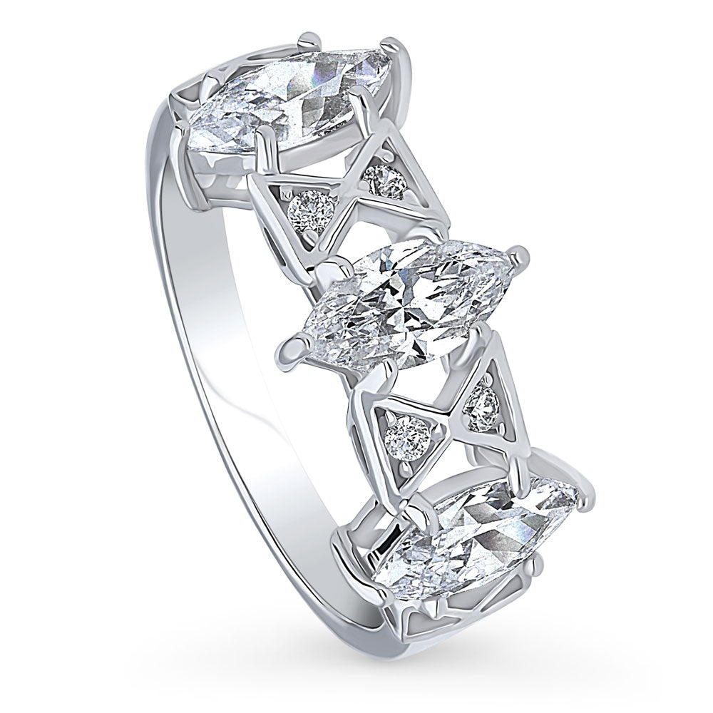Front view of 3-Stone Art Deco 1.35ct Marquise CZ Ring in Sterling Silver, 4 of 8