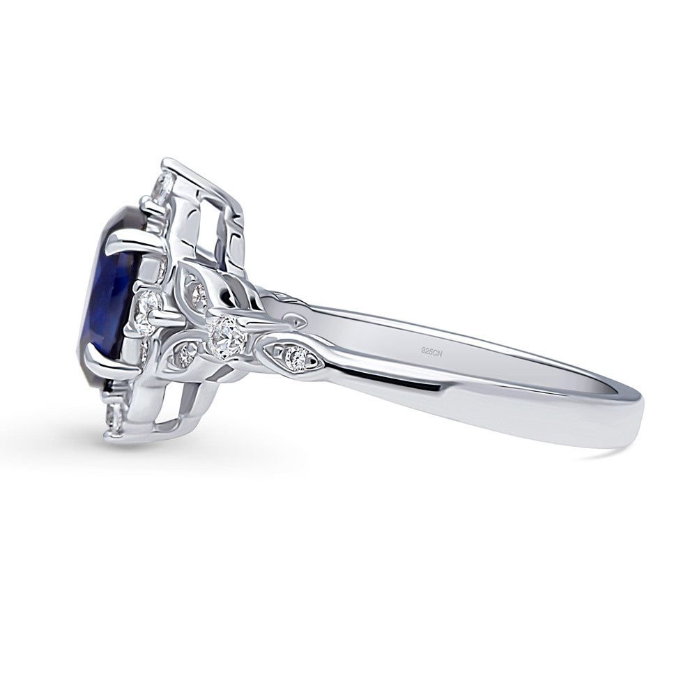 Angle view of Halo Art Deco Sapphire-Blue Oval CZ Ring in Sterling Silver, 5 of 10