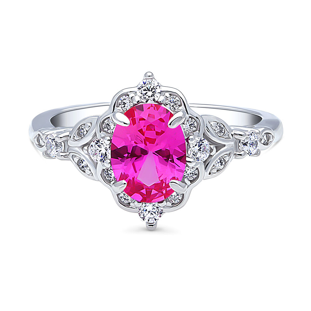 Halo Art Deco Pink Oval CZ Ring in Sterling Silver, 1 of 10