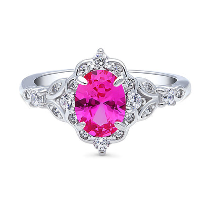 Halo Art Deco Pink Oval CZ Ring in Sterling Silver