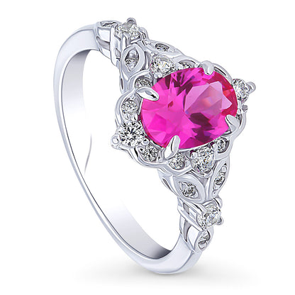 Halo Art Deco Pink Oval CZ Ring in Sterling Silver