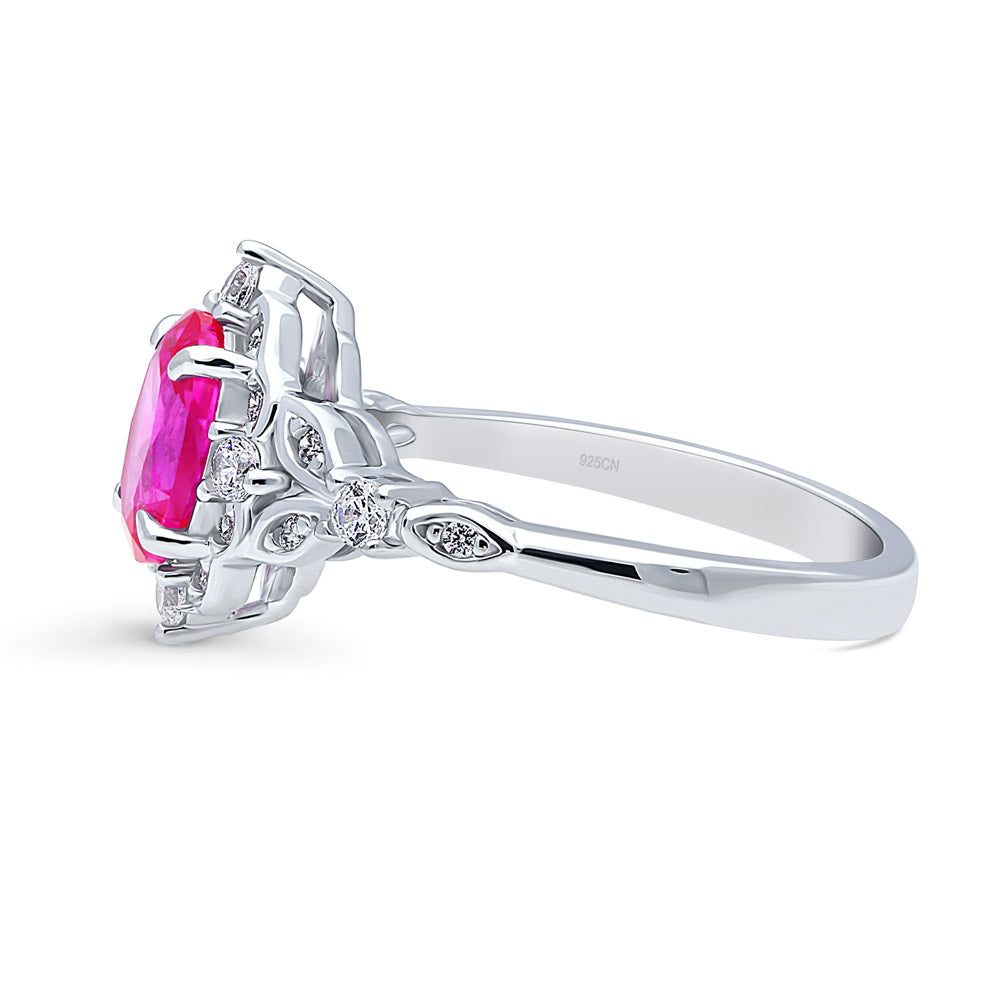 Angle view of Halo Art Deco Pink Oval CZ Ring in Sterling Silver, 5 of 10