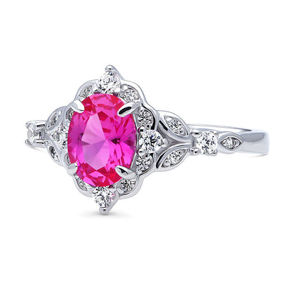 Halo Art Deco Pink Oval CZ Ring in Sterling Silver