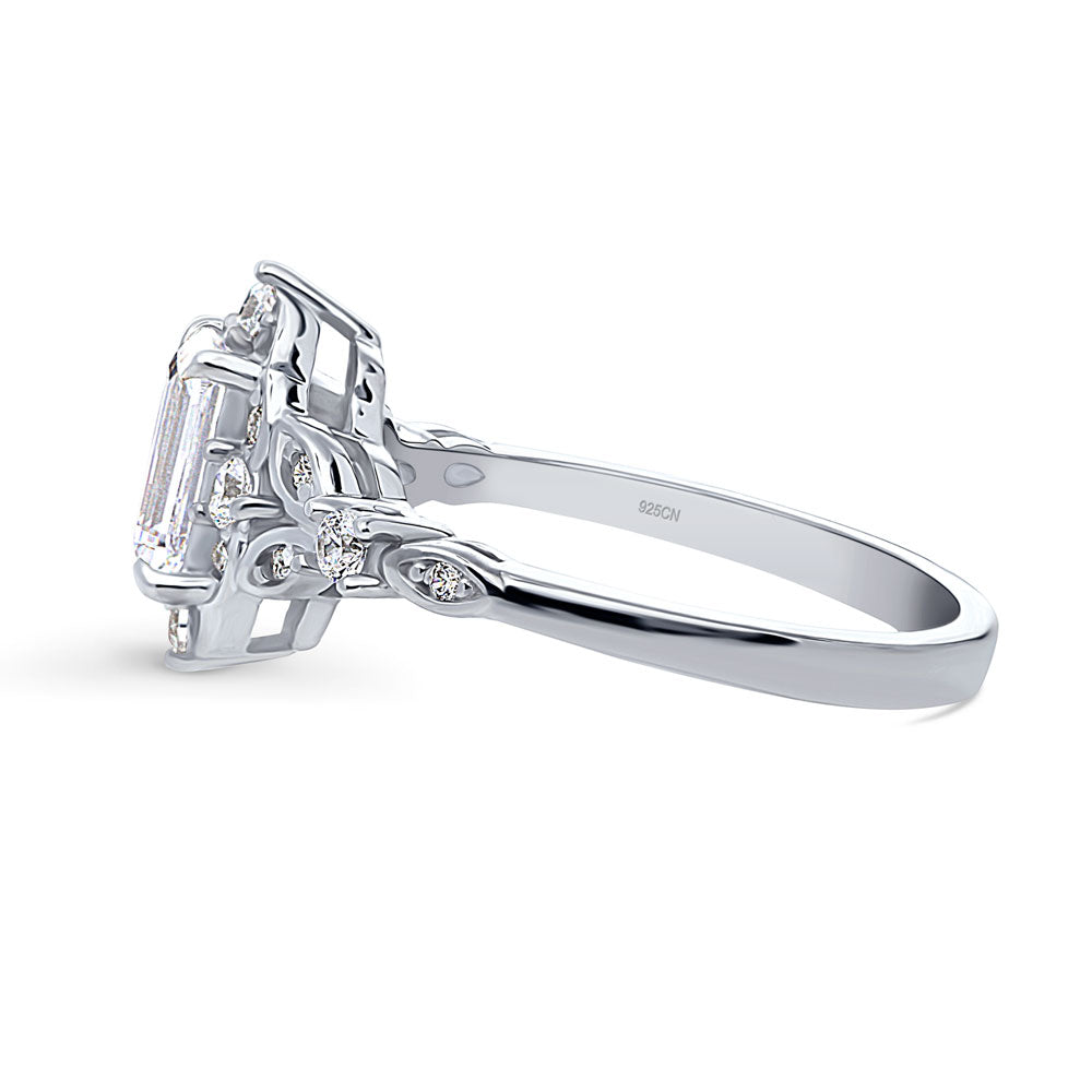 Angle view of Halo Art Deco Emerald Cut CZ Ring in Sterling Silver, 5 of 9