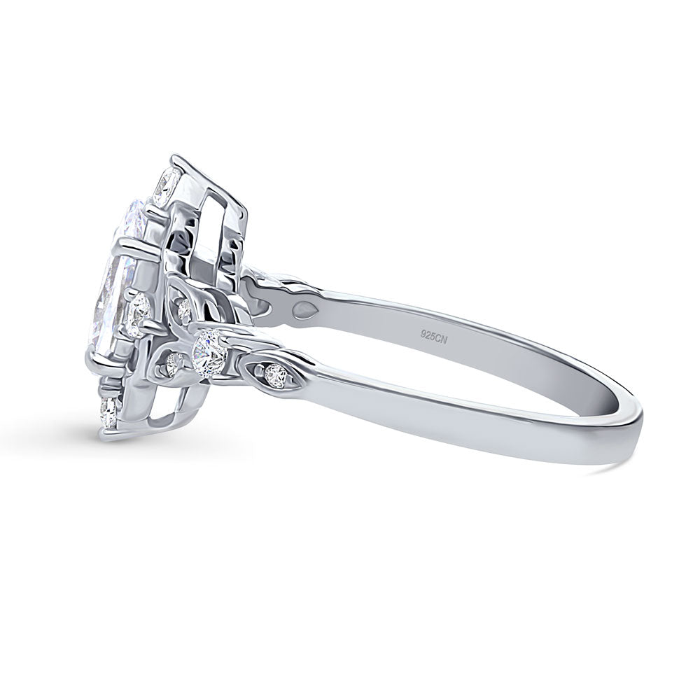 Halo Art Deco Pear CZ Ring in Sterling Silver