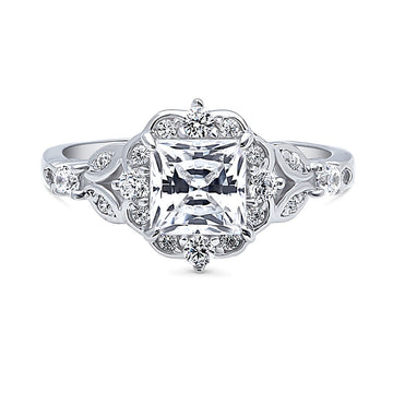 Halo Art Deco Princess CZ Ring in Sterling Silver