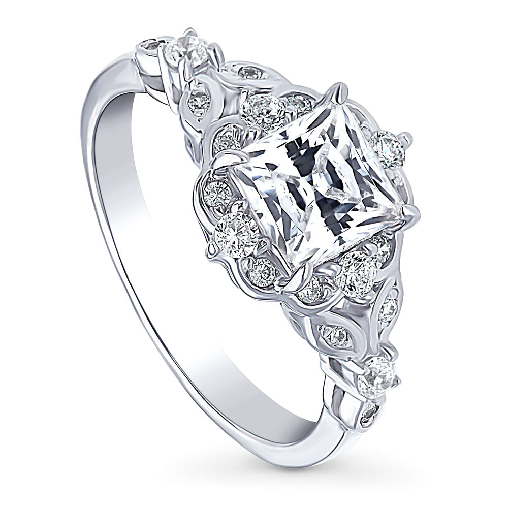 Front view of Halo Art Deco Princess CZ Ring in Sterling Silver, 4 of 8