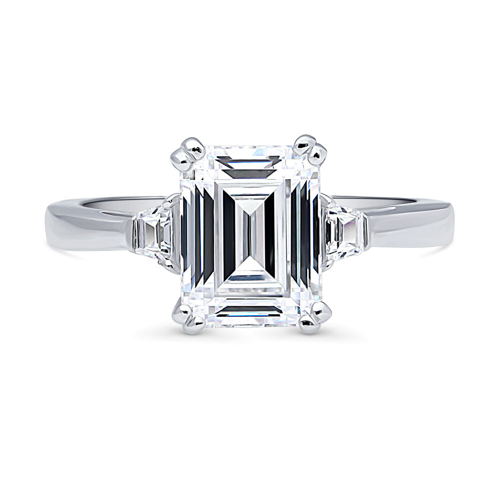 3-Stone 2.6ct Emerald Cut CZ Ring in Sterling Silver, 1 of 10